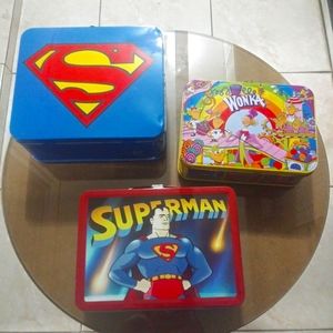 3 Metal Lunch Boxes Superman and Willy Wonka
